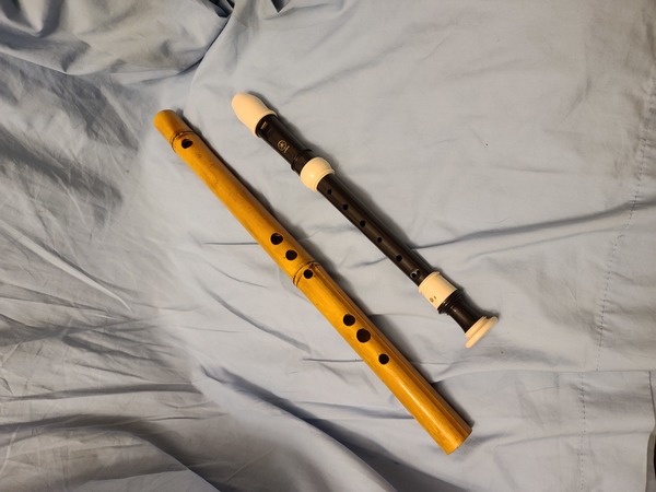Bamboo flute along side Yamaha Soprano recorder